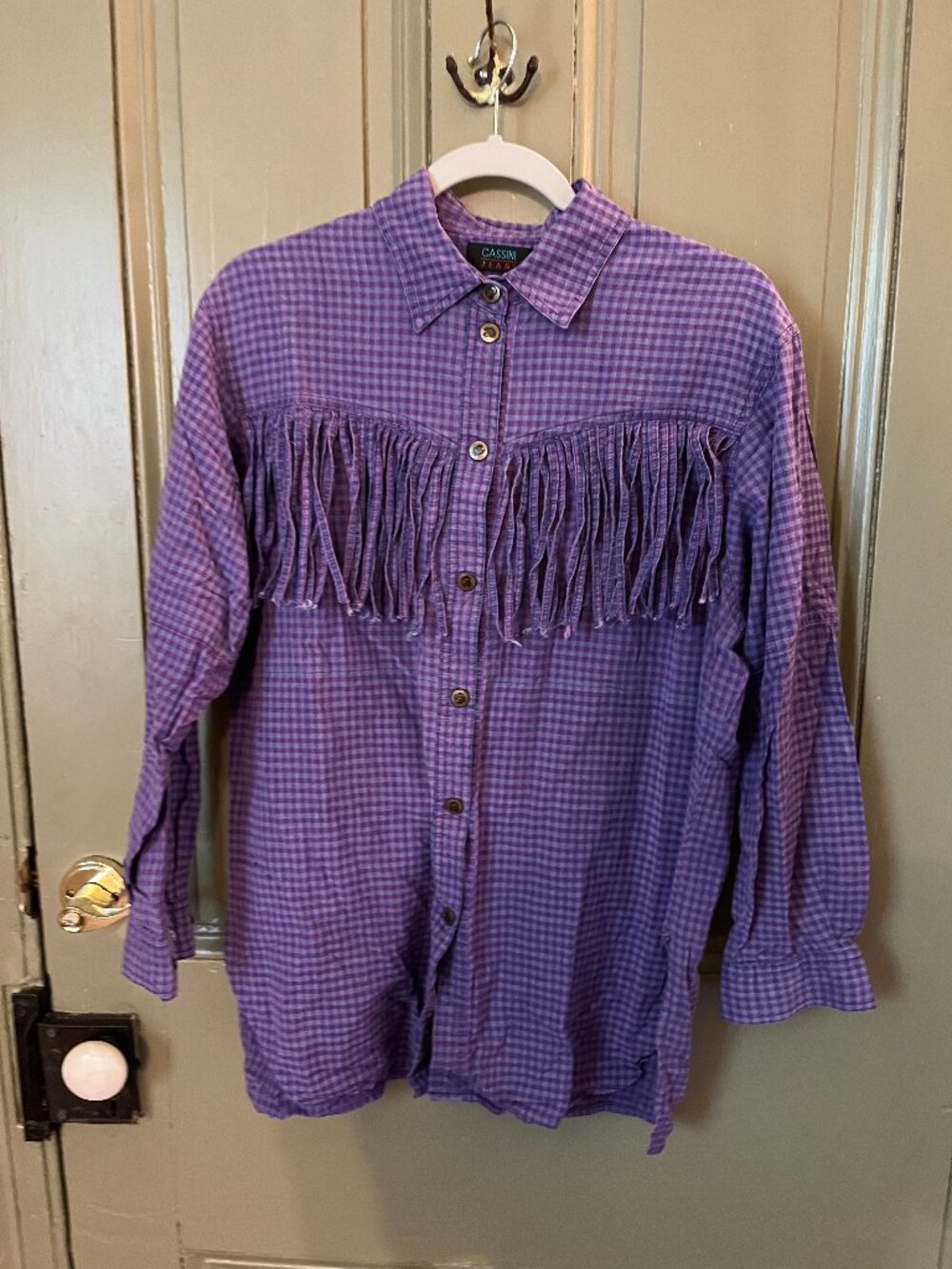 VINTAGE rodeo fringe Cassini Jeans button up shirt plaid rare medium western